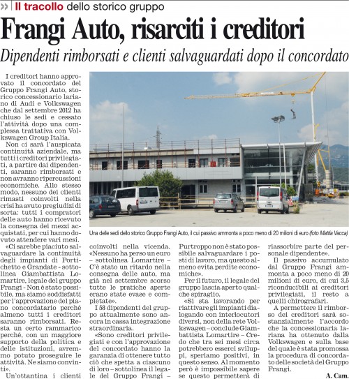 Frangi Auto, risarciti i creditori