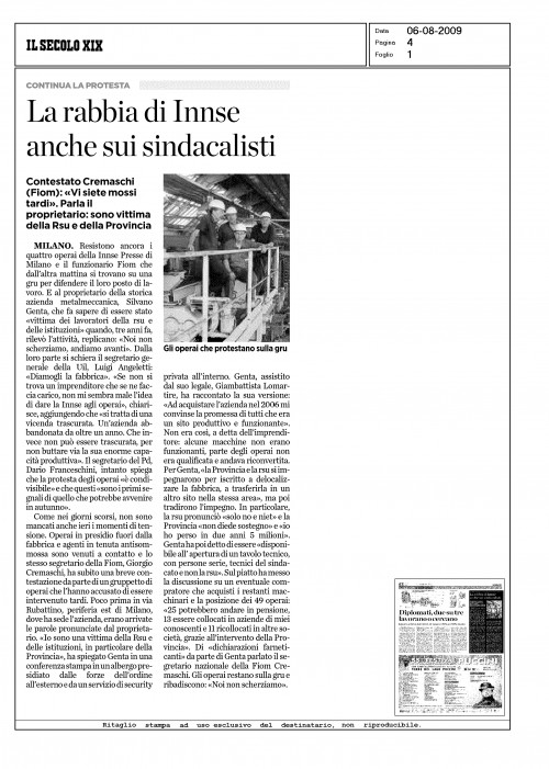 Rabbia di INNSE anche sui sindacalisti